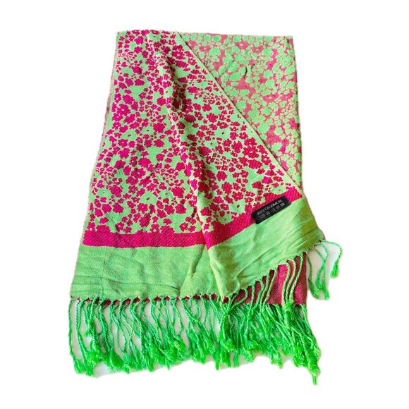 Pashmina Scarf Wrap Vibrant Green & Pink Floral Poppies 72 x 27" - Picture 1 of 6
